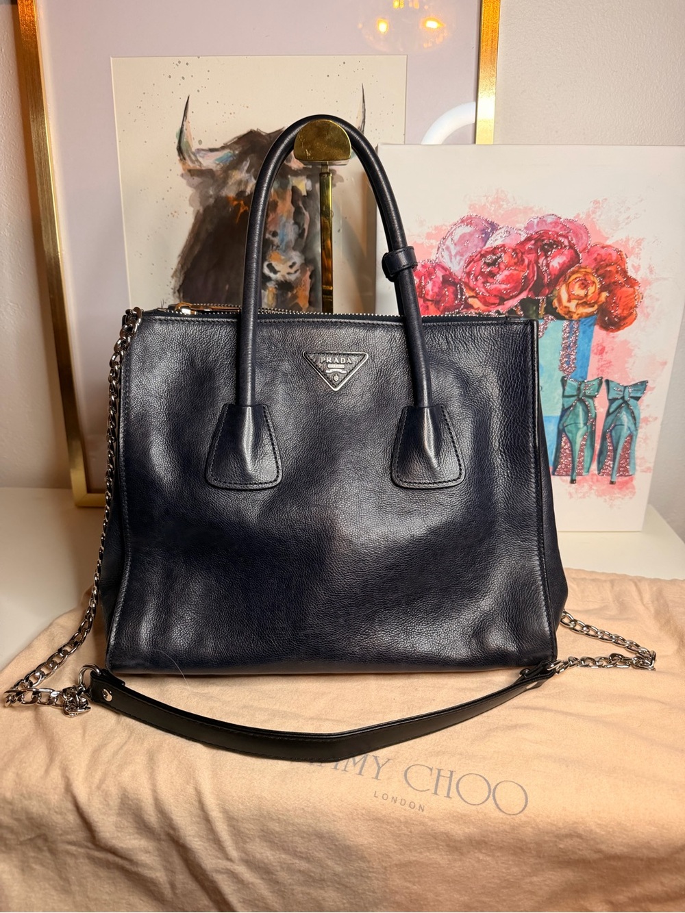 Prada Black Leather Double-Handle Tote with Chain Strap